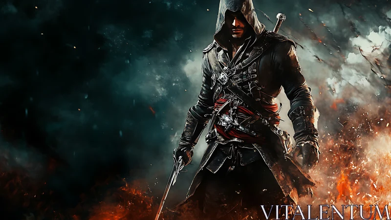 Hooded rogue in combustive battlefield, high-detail rendering.