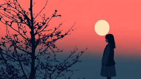 Silhouetted girl and barren tree under minimal dusk sun.