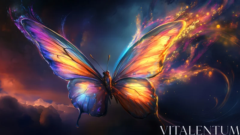 Luminous cosmic butterfly spreads radiant wings in twilight skies