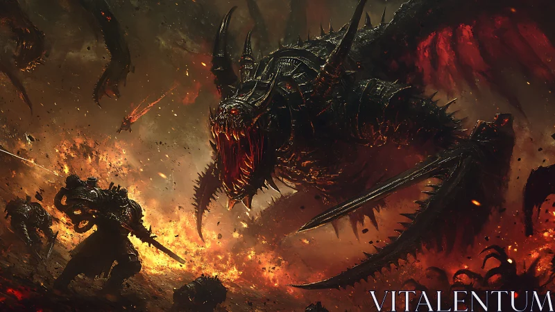 Armored hell-dragon engages power-armored warrior amid inferno.