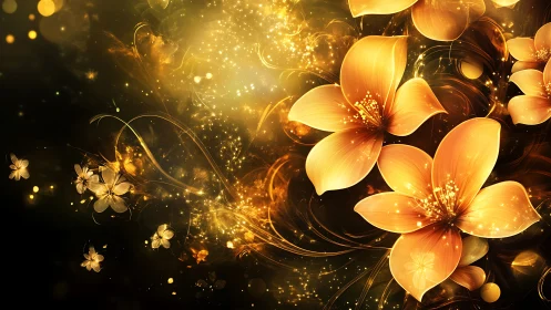 Golden Luminescent Floral Abstraction with Particle Effects on Dark Background