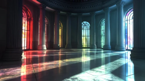 Grand hall with stained glass windows and classical columns, ethereal light.