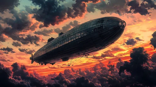 Futuristic airship crossing dense clouds at sunset sky.