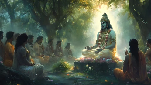 Divine teacher meditating in luminous forest clearing scene