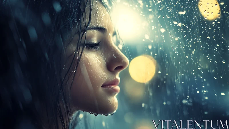 Young woman&rsquo;s side profile under rain with city bokeh lights