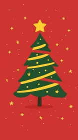 Stylized Christmas tree on red background with stars.