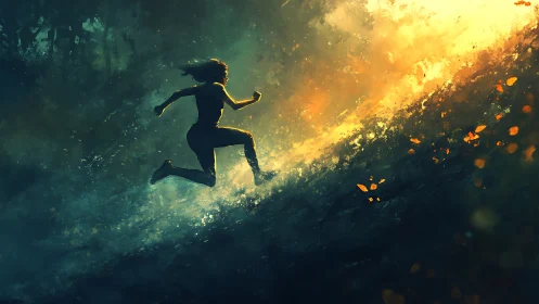 Silhouette runner ascending into luminous abstract blaze.