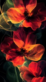 Spectral macro render of translucent red-orange floral forms.