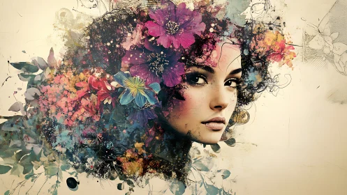 Female portrait merges with vibrant abstract floral explosion
