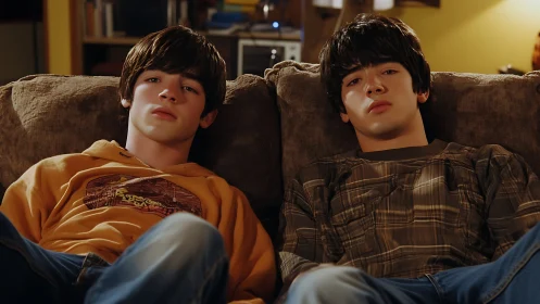 Teen friends sink into a couch in a cozy living room.