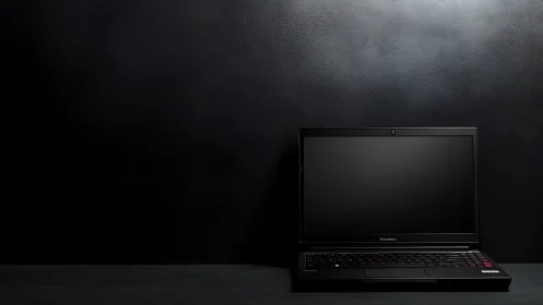 Minimalist black laptop isolated against dark textured wall