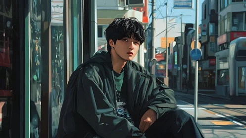 Urban youth rests in sunlit street with reflective mood.