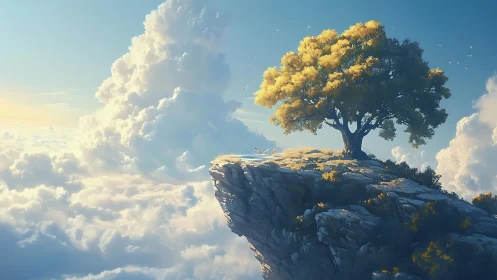 Solitary deciduous tree on elevated rocky cliff above clouds.