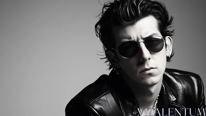 Leather-clad rebel leans into the lens with monochrome swagger