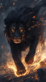 Black lion strides through fire with glowing embers