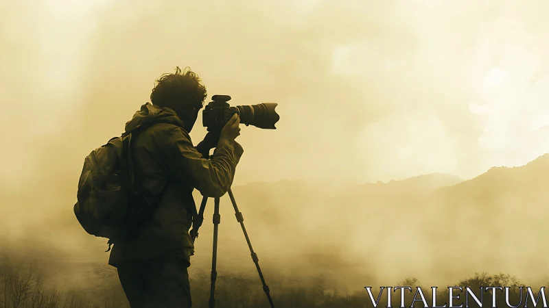 Silhouetted photographer operates tripod-mounted camera in fog