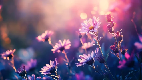 Backlit wildflower daisies in luminous bokeh field study.