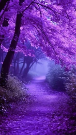 Pathway traverses dense violet forest with overhanging trees