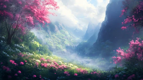 Dreamlike blossom valley beneath towering misted peaks.