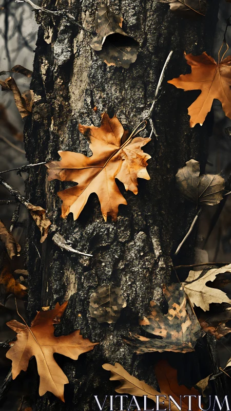 Golden oak leaves pressed against dark textured bark