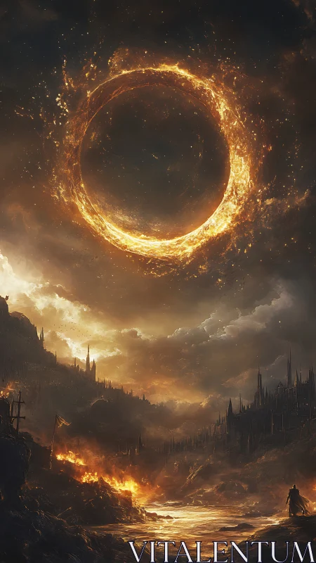 Celestial Ring Portal Over Gothic Fortress Landscape.