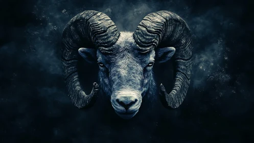 Ram portrait emerges from dark nebula backdrop in blue tones