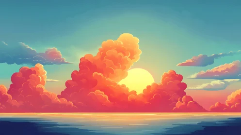 Sunset over ocean with stylized cumulus cloud formations