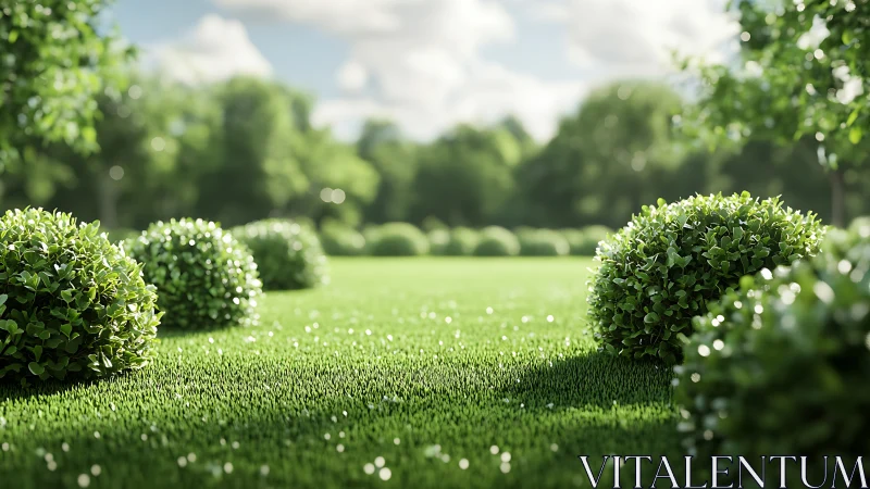 Sunlit garden shrubs cast soft shadows across vivid lawn.