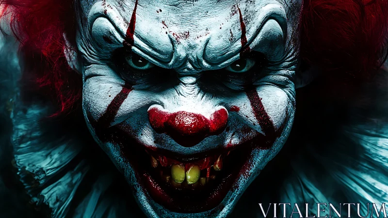 Close frontal portrait of menacing painted clown face.