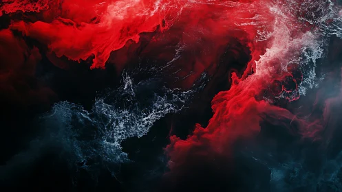 Crimson fluid plumes collide with dark turbulent ocean spray