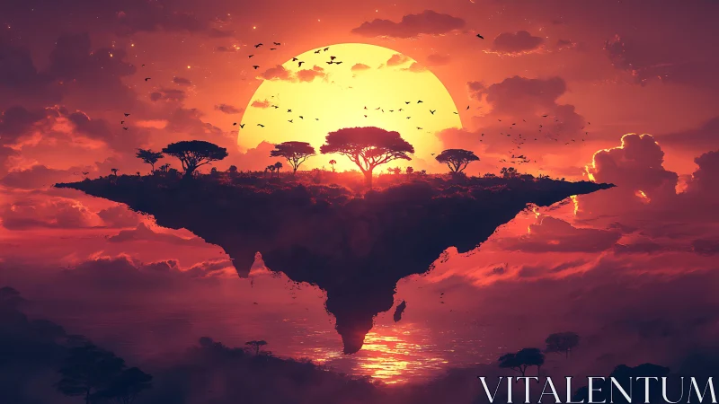 Floating landmass silhouette against large sun with atmospheric sky