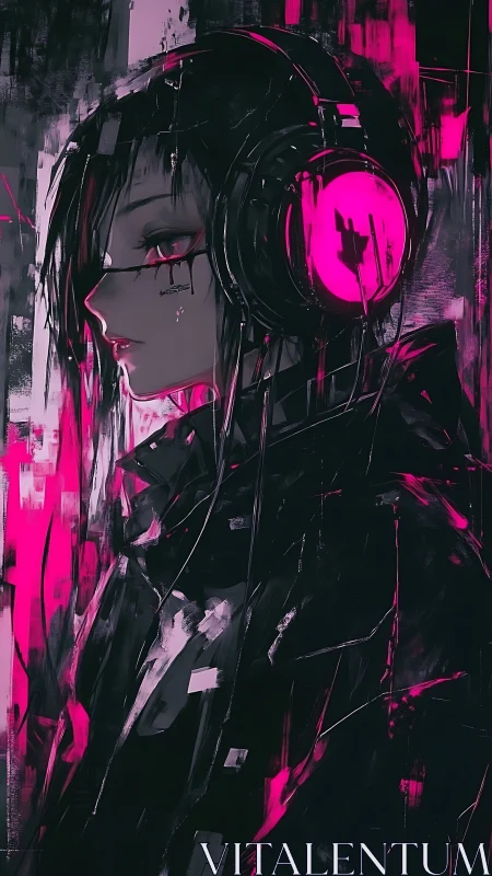 Cyberpunk girl in neon magenta headphones rendered in anime