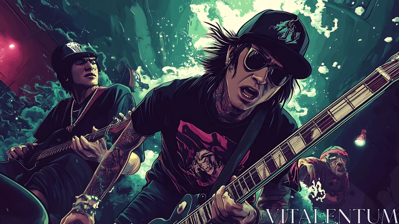 Dynamic rock guitarists in neon-lit comic-style concert scene