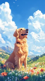 Golden retriever in sunlit wildflower mountain meadow.