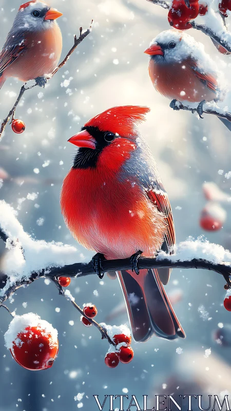 Cardinals perch on snowy berry branches in soft winter light