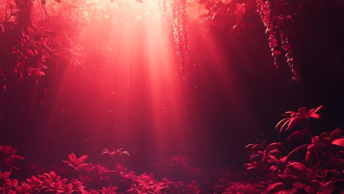 Red-tinted forest canopy with sunlight beams and foliage.
