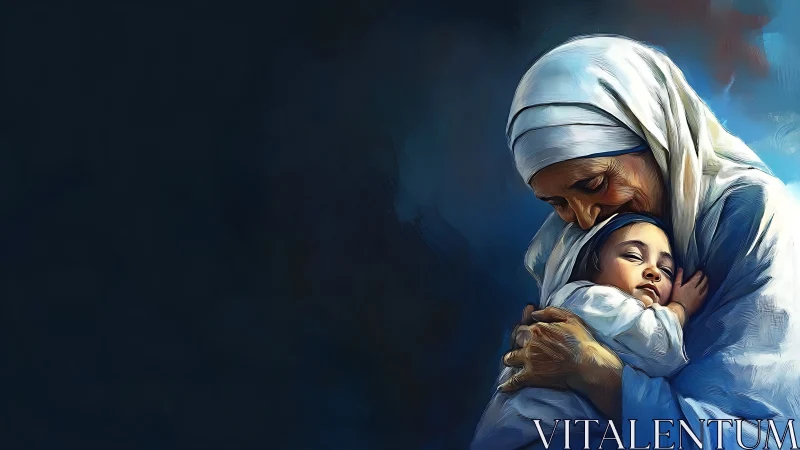 Quiet halo of mercy cradling a dreaming child in blue.