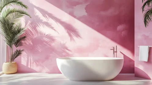 White freestanding bathtub sits before pink wall in sunlight