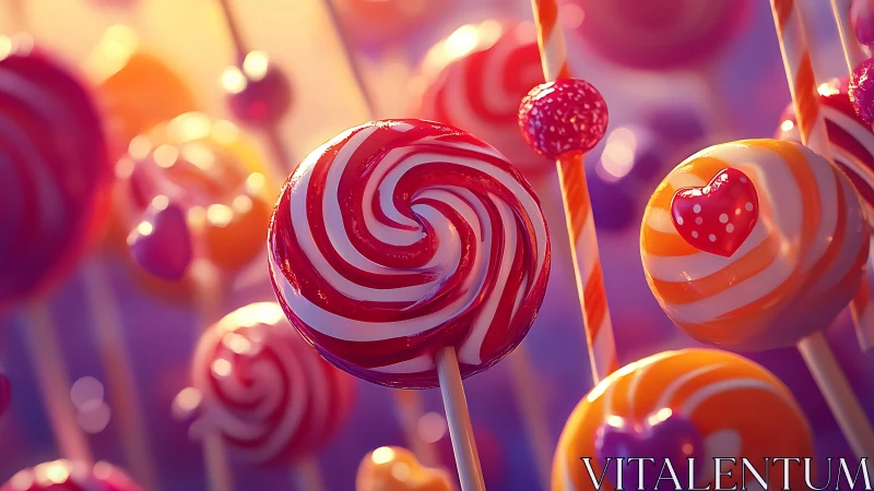 Vibrant Lollipop Array with Spiral Striping Against Bokeh Background.