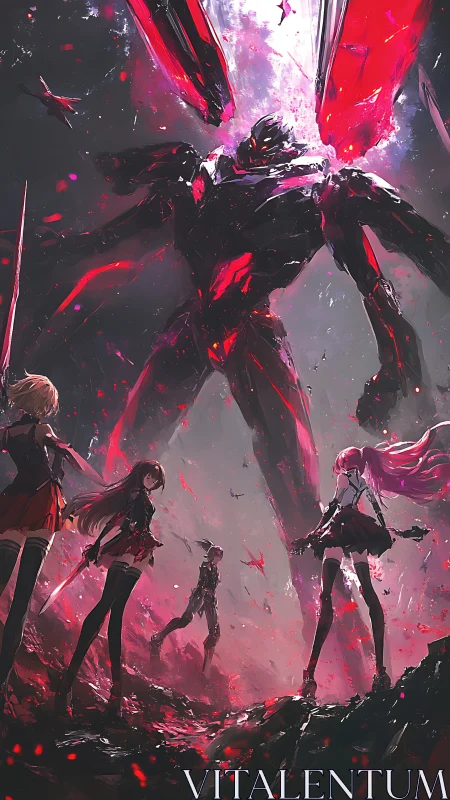 Armored heroines confront towering crimson mecha titan