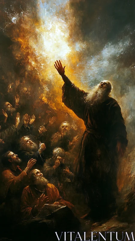 Radiant elder lifts his hand toward a blazing celestial light