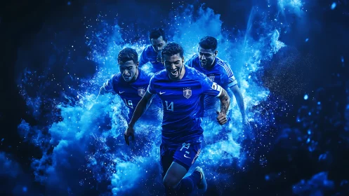 Dynamic blue football squad in explosive motion blur clouds