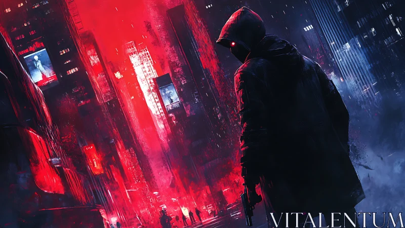 Hooded vigilante surveys neon red cyberpunk city streets.