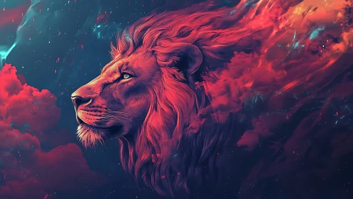 Nebula-maned lion blazing through a cosmic stormscape.