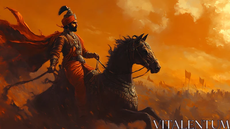 Turbaned cavalry commander in orange dusk battlefield charge.