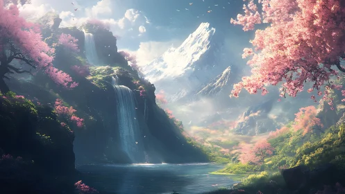 Mountain valley with waterfalls and dense cherry blossoms.