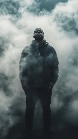 Lone figure stands in swirling fog under moody teal sky.