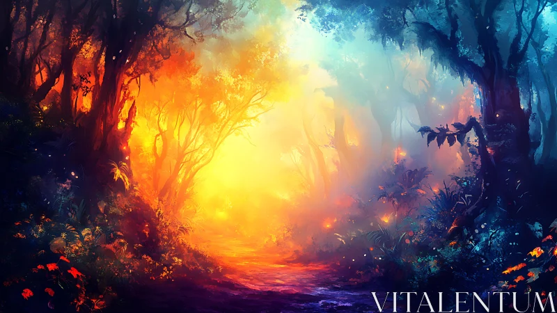 Bioluminescent Forest Archway with Warm-Cool Chromatic Gradient Transition