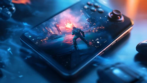 Handheld gaming console displays intense sci fi action scene
