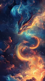 Celestial fire dragon coils through glowing cosmic clouds